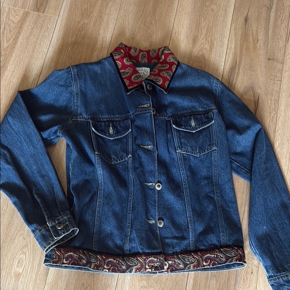 Blue and Red Jean Jacket with Decorative Trim - Picture 1 of 9